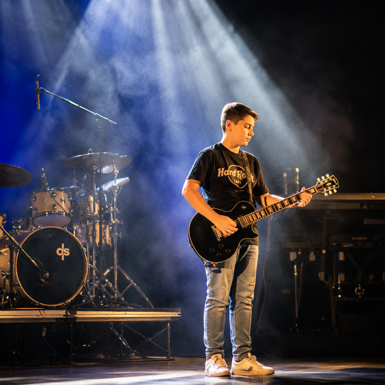 Allievo sul palco con chitarra elettrica